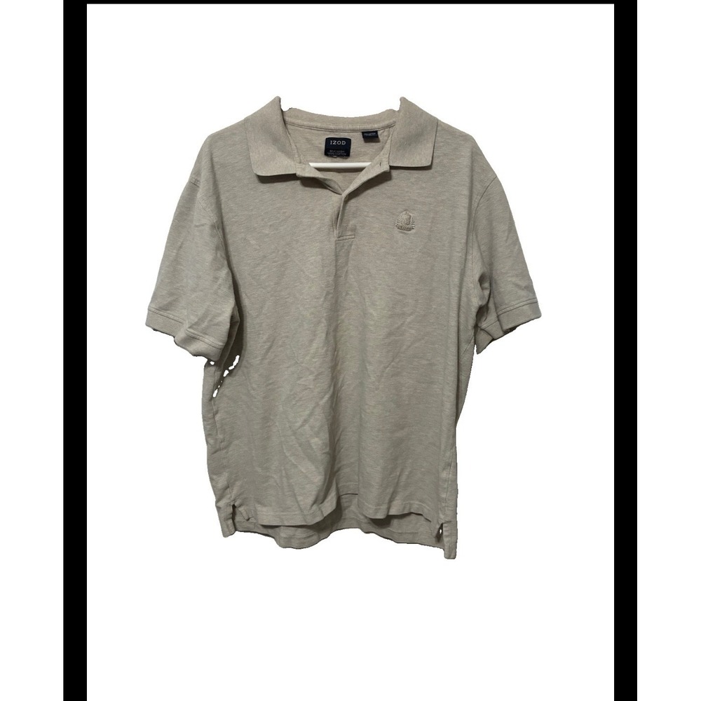 IZOD Mens Short Sleeve Polo Shirt Beige Heather Cotton Pique Crest Logo Large